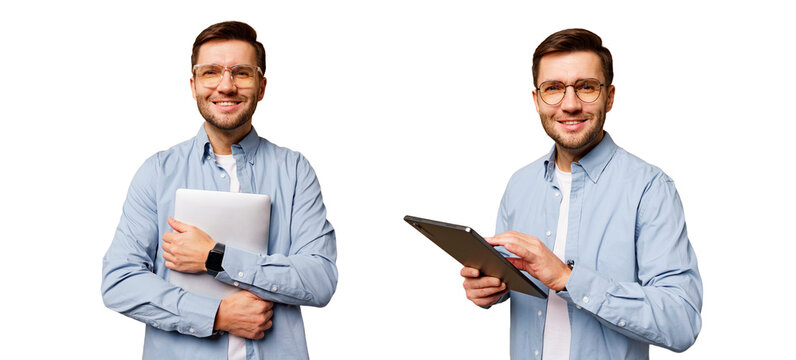 Man in casual attire smiles while holding a laptop and a tablet in a minimalistic setting