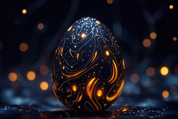 Futuristic egg with illuminated orange veins on a reflective surface.