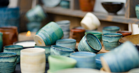 Ceramic dishes, tableware and jugs sold on Kaziuko muge or Kaziukas fair, traditional Easter market...