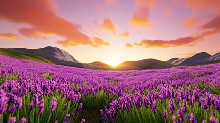 Obraz premium Lavender Field at Sunrise with Majestic Mountain Backdrop