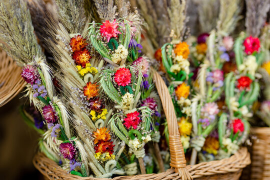 Traditional Lithuanian Easter palms known as verbos sold on Kaziukas, Easter market in Vilnius. Lithuanian capital's annual traditional fair is held every March on Old Town streets.