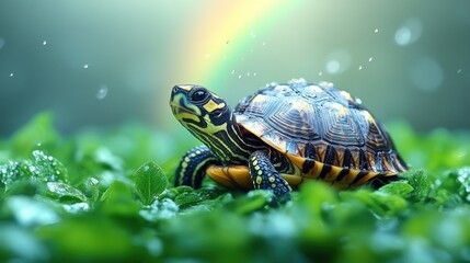 Obraz premium A vibrant turtle exploring lush green foliage under a soft rainbow in a serene natural setting