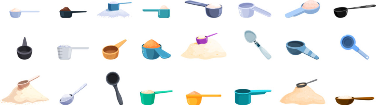 Measuring scoop icons set. Various colorful scoops and spoons are filled with powders, offering a visual representation of measuring ingredients for nutrition, health, and fitness