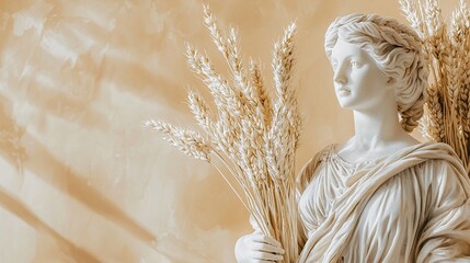 Demeter's marble figure with wheat set against a soft beige background