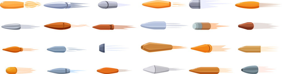 Flying bullets icons set. Diverse collection of cartoon style bullets flying through the air, leaving smoke trails, showcasing different shapes, sizes, and colors