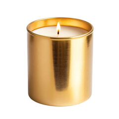 A scented candle in a metallic gold cylinder, isolated on pure white.