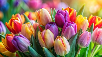 Fototapeta premium Colorful Tulip Bouquet Macro Spring Floral Background for Women's Day, Mother's Day, Easter, Wedding