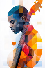 An artistic abstract geometric portrait of a musician, incorporating rhythmic patterns and vibrant hues to reflect creativity and passion,