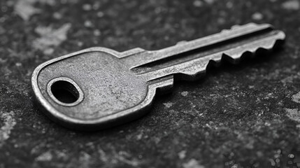 A plain metal key with a shiny surface lies on a white background