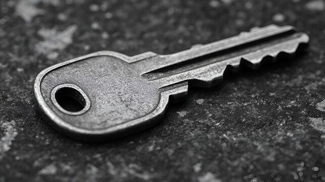 A plain metal key with a shiny surface lies on a white background