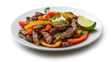 Fototapeta premium Stir-fried beef and colorful veggies on a white plate.
