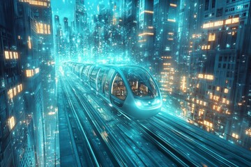 Futuristic High Speed Train Through A Neon Cityscape