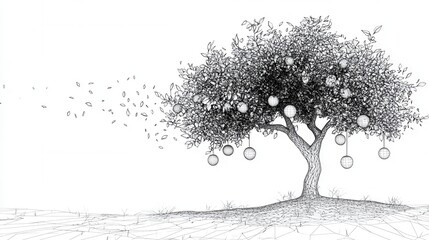 Continuous line tree sketch with fruit, low poly design, artistic representation, minimalist aesthetic, nature-inspired illustration