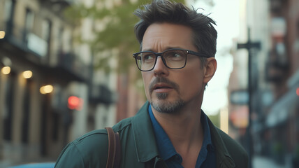 Cinematic shot of an attractive middle-aged man with glasses and a goatee, wearing casual and standing outside on a street in New York City. stylishly styled dark brown hair. Ai generated
