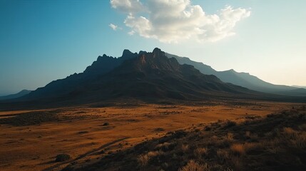 Majestic mountain range at sunset, arid plains, dramatic sky, landscape photography, travel