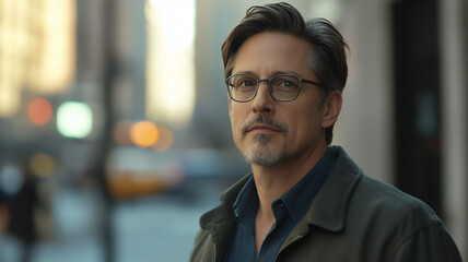 Cinematic shot of an attractive middle-aged man with glasses and a goatee, wearing casual and standing outside on a street in New York City. stylishly styled dark brown hair. Ai generated