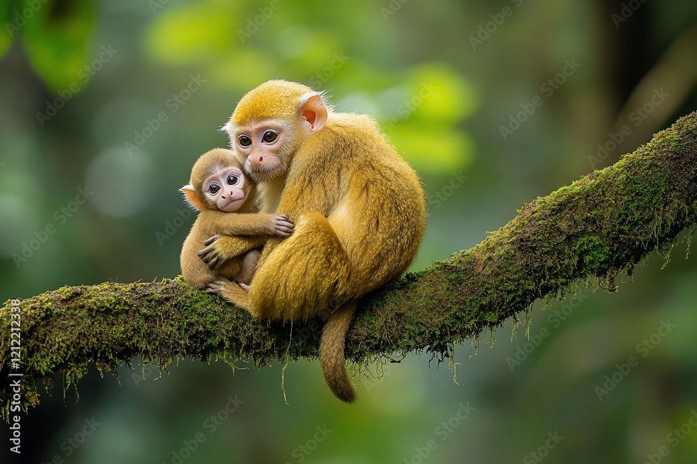 Poster two monkeys cuddling on a mossy branch in a lush green forest.