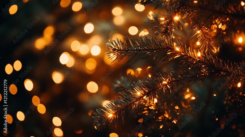 Poster Close-up of illuminated pine branch with bokeh lights.
