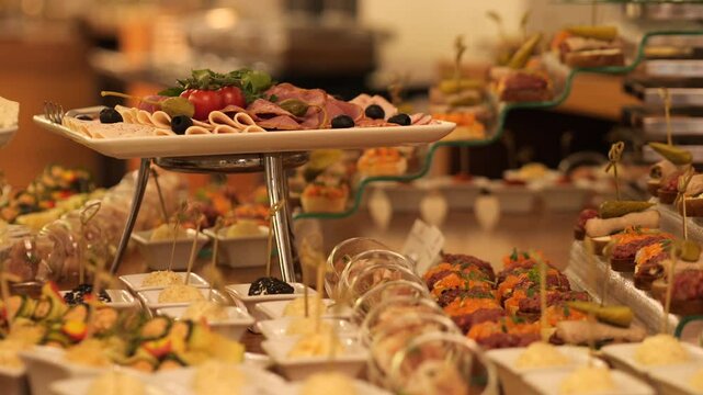 Catering buffet food table decorated with delicious appetizers presenting a variety of options
