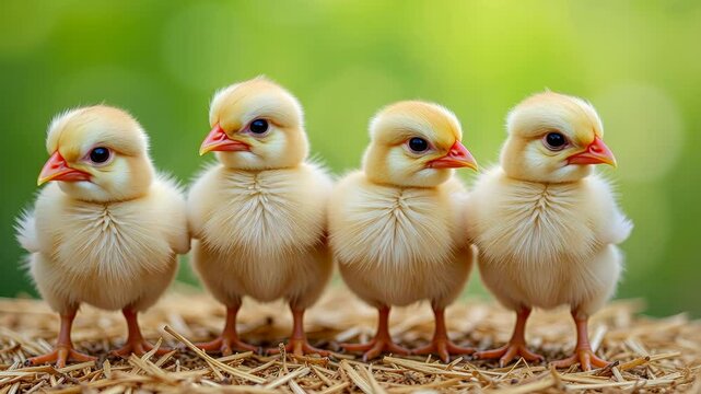 Four fluffy yellow chicks standing on hay with a green backdrop