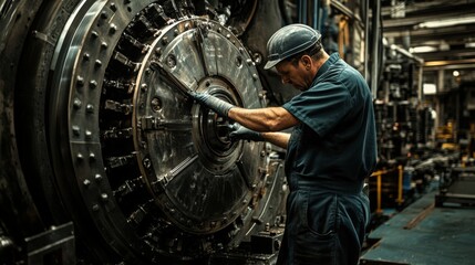 Factory worker performing maintenance on heavy machinery in industrial setting