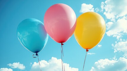 Obraz premium Colorful balloons floating in a bright blue sky with fluffy clouds, evoking joy and celebration