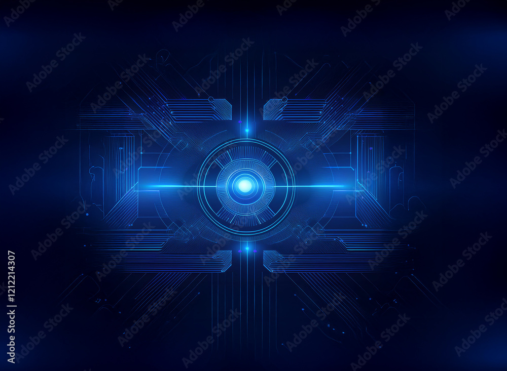 Poster Abstract digital art depicting a futuristic technological interface. Glowing blue lines and shapes create a symmetrical design centered around a circular core. The image evokes feelings of advanced te