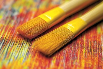 Fototapeta premium Two paintbrushes rest on a vividly painted canvas.