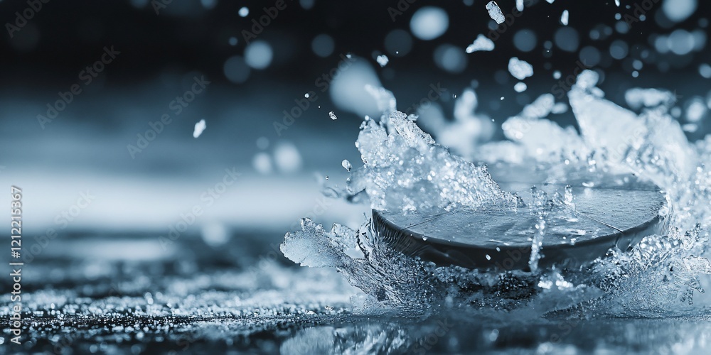 Poster close-up of a hockey puck splashing in water, creating a dynamic water splash.