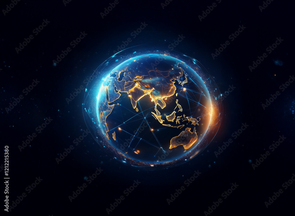 Poster A glowing digital Earth, centered on Asia, is encircled by a network of interconnected nodes, representing global connectivity and data flow.  The dark background emphasizes the planet's technological