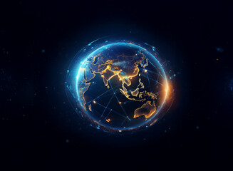 Fototapeta premium A glowing digital Earth, centered on Asia, is encircled by a network of interconnected nodes, representing global connectivity and data flow. The dark background emphasizes the planet's technological