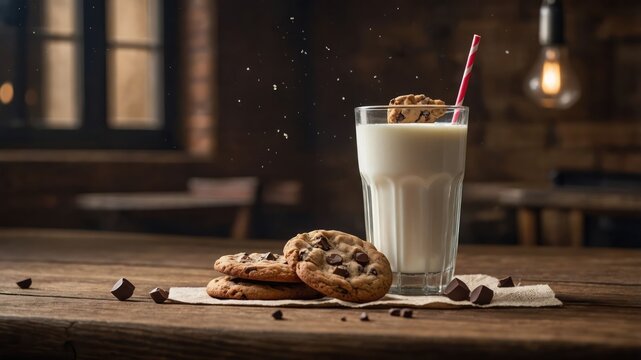 A glass of milk with chocolate chip cookies on a wooden table, evoking comfort and indulgence.