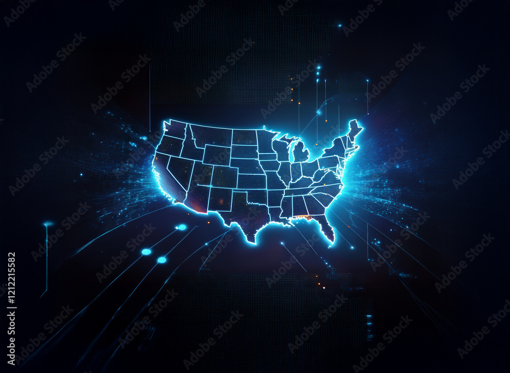 Aufkleber Glowing digital map of the United States, showcasing interconnectedness via illuminated lines and nodes, representing data flow or network connectivity across the nation.