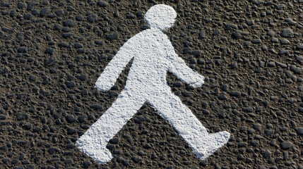 A white pedestrian figure walks across a dark asphalt surface, signaling a designated crosswalk area in an urban setting during daylight.