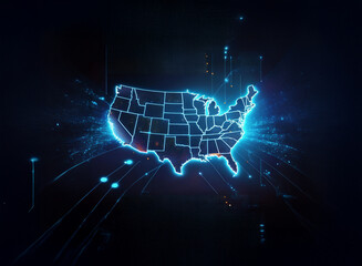 Glowing digital map of the United States, showcasing interconnectedness via illuminated lines and nodes, representing data flow or network connectivity across the nation.