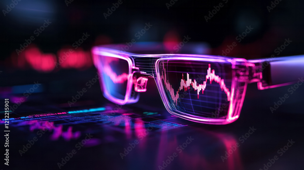 Poster A sleek virtual reality headset view showcasing interactive stock market chart lines moving in real-time, integrated with holographic financial indicators and data streams,