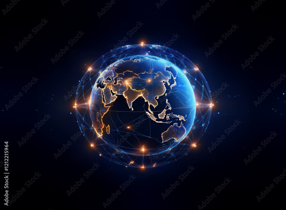Aufkleber A glowing digital Earth encircled by a network of interconnected nodes, representing global communication and connectivity.  Points of light illuminate the continents.