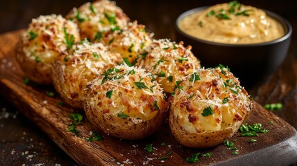 Fototapeta premium Savory baked potatoes, golden and crispy on the outside, are generously covered in Parmesan cheese and fresh parsley, served alongside a rich dipping sauce