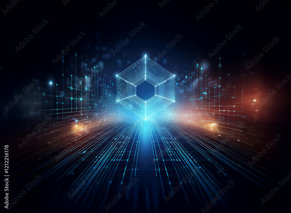 Aufkleber A glowing, geometric cube floats above a digital highway, representing data flow and technological advancement in a dark, futuristic setting.  The scene evokes a sense of speed and innovation.
