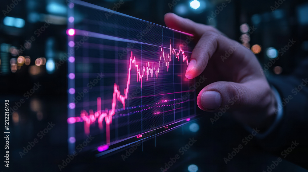 Poster a professional trader using a vr headset to navigate through 3d stock market charts, with interactiv