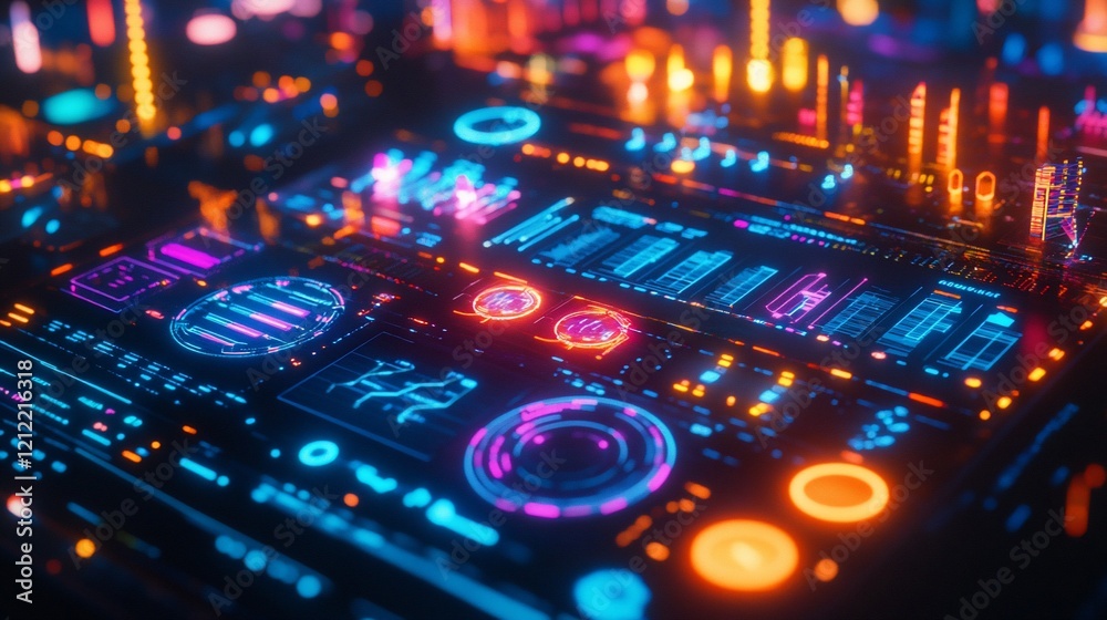 Poster futuristic neon interface with glowing digital elements and vibrant colors.