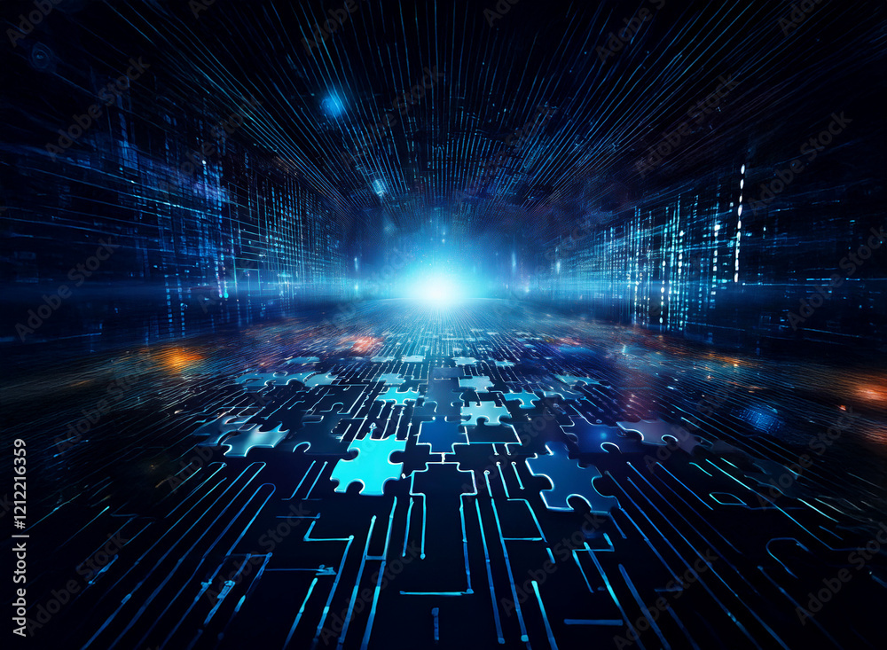 Poster a glowing digital pathway of interconnected puzzle pieces stretches into a bright, futuristic horizo