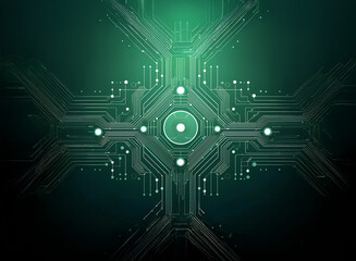 Obraz premium Abstract green circuit board design. Symmetrical pattern with glowing nodes and connecting pathways. Evokes technology, connectivity, and futuristic concepts.