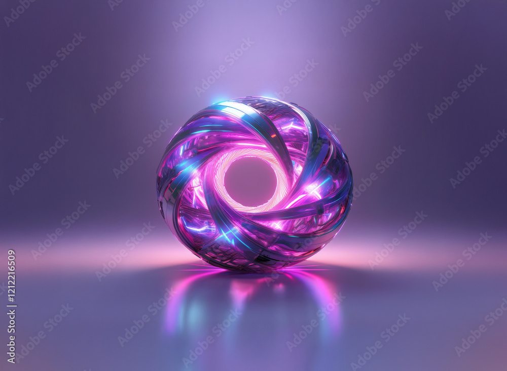 Aufkleber a mesmerizing sphere of interwoven metallic ribbons glows with vibrant pink and blue light, casting 