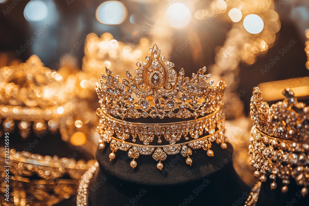 Poster sparkling golden crown with gemstones on display.