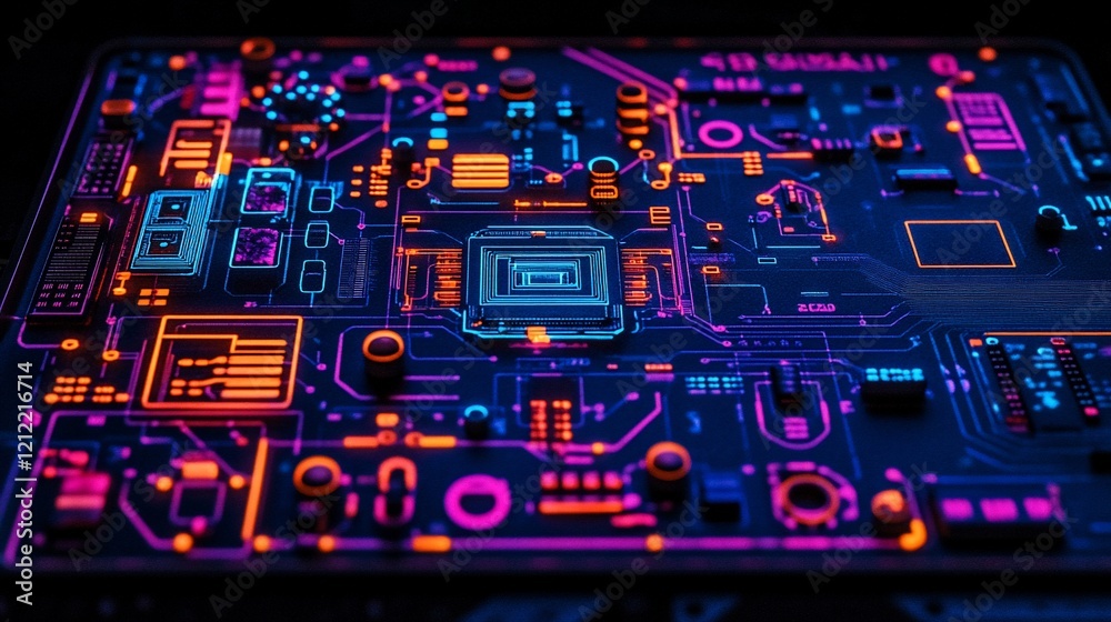 Poster Close-up of a vibrant, glowing circuit board with colorful neon components and intricate pathways.
