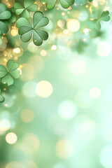 Fototapeta premium An elegant St. Patrick's Day backdrop with luminous clover shamrocks shimmering against a soft, golden bokeh background,
