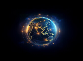 Fototapeta premium A glowing digital Earth, illuminated with connecting lines, symbolizes global network and communication. The continents are subtly outlined with a focus on Asia.