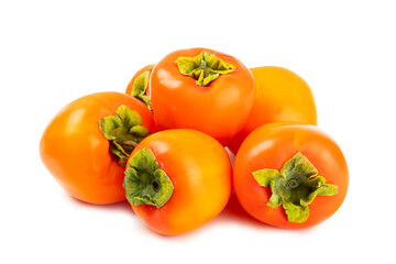 Persimmon isolated on white background. Persimmon fruit. Slice of ripe, juicy, sweet persimmon fruit. Vegan. Fruit garden. Close-up.