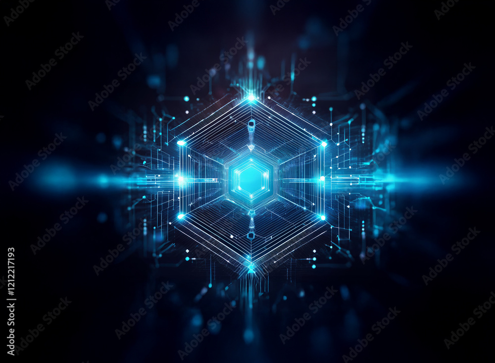 Poster Abstract digital art depicting a glowing hexagonal structure, intricate circuitry, and bright blue light beams against a dark background.  The image evokes themes of technology and connection.
